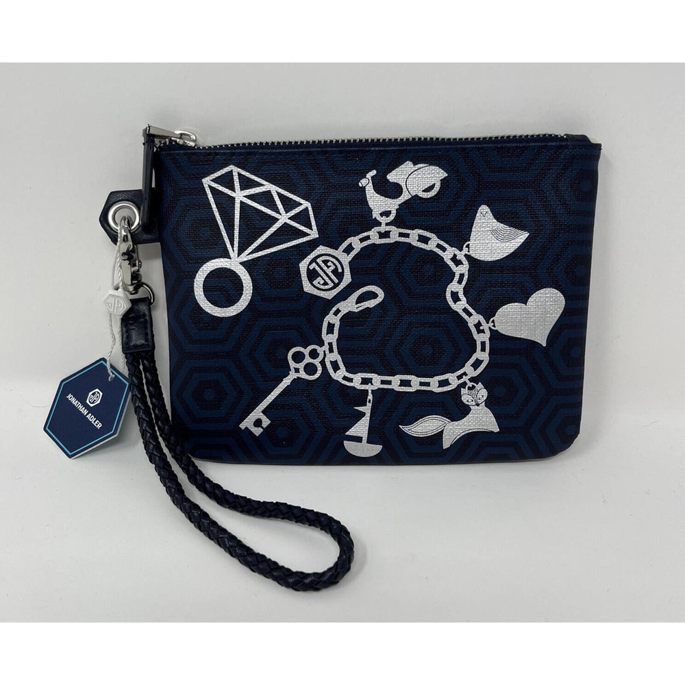 Jonathan Adler Navy Wristlet Silver Charm Jewelry Print Small Zip Pouch‎ NWT